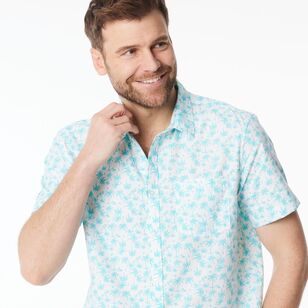 JC Lanyon Men's Palm Print Short Sleeve Shirt White & Turquoise