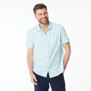 JC Lanyon Men's Palm Print Short Sleeve Shirt White & Turquoise