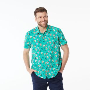 JC Lanyon Men's Pool Santa Printed Short Sleeve Shirt Teal