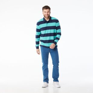 JC Lanyon Men's Brixton Block Stripe Rugby Navy & Ocean