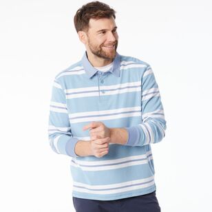 JC Lanyon Men’s Carrick Funnel Neck Engineered Stripe Rugby Shirt Light Blue