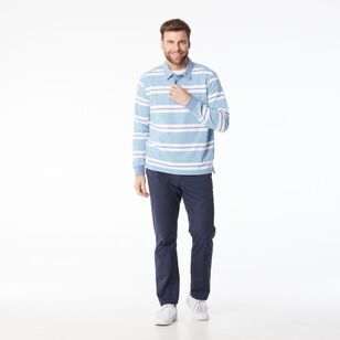 JC Lanyon Men’s Carrick Funnel Neck Engineered Stripe Rugby Shirt Light Blue