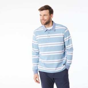 JC Lanyon Men’s Carrick Funnel Neck Engineered Stripe Rugby Shirt Light Blue