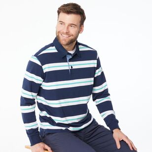 JC Lanyon Men’s Carrick Funnel Neck Engineered Stripe Rugby Shirt White & Navy