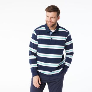 JC Lanyon Men’s Carrick Funnel Neck Engineered Stripe Rugby Shirt White & Navy