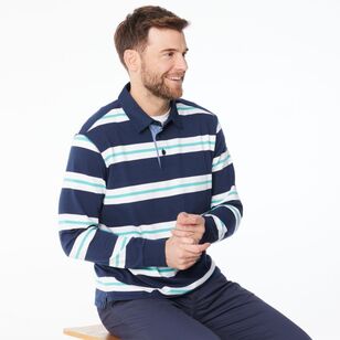 JC Lanyon Men’s Carrick Funnel Neck Engineered Stripe Rugby Shirt White & Navy