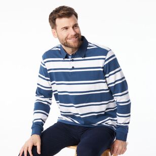 JC Lanyon Men's Bremer Funnel Neck Multi Stripe Rugby Shirt Denim