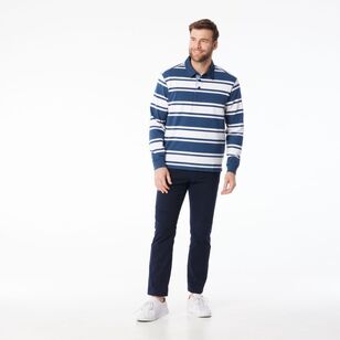 JC Lanyon Men's Bremer Funnel Neck Multi Stripe Rugby Shirt Denim