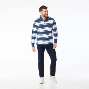 JC Lanyon Men's Bremer Funnel Neck Multi Stripe Rugby Shirt Denim