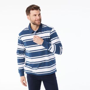 JC Lanyon Men's Bremer Funnel Neck Multi Stripe Rugby Shirt Denim