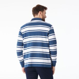 JC Lanyon Men's Bremer Funnel Neck Multi Stripe Rugby Shirt Denim