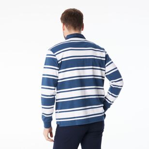 JC Lanyon Men's Bremer Funnel Neck Multi Stripe Rugby Shirt Denim