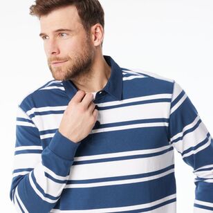 JC Lanyon Men's Bremer Funnel Neck Multi Stripe Rugby Shirt Denim