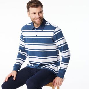 JC Lanyon Men's Bremer Funnel Neck Multi Stripe Rugby Shirt Denim