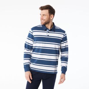 JC Lanyon Men's Bremer Funnel Neck Multi Stripe Rugby Shirt Denim