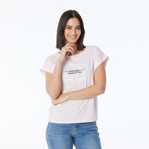 Khoko Collection Women's Extended Sleeve Cotton Manhattan Print Tee Soft Pink