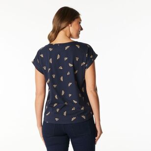 Khoko Collection Women's Extended Sleeve Cotton Butterfly Print Tee Navy & Print