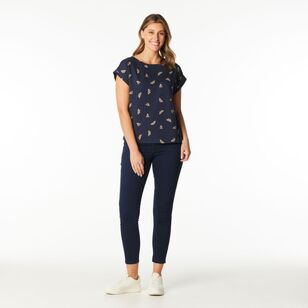 Khoko Collection Women's Extended Sleeve Cotton Butterfly Print Tee Navy & Print