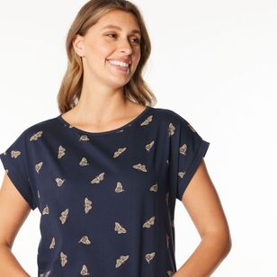 Khoko Collection Women's Extended Sleeve Cotton Butterfly Print Tee Navy & Print