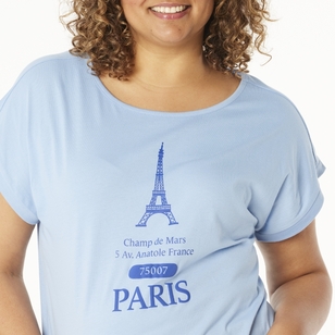 Khoko Collection Women's Extended Sleeve Cotton Paris Print Tee Paris Blue