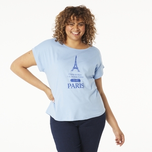 Khoko Collection Women's Extended Sleeve Cotton Paris Print Tee Paris Blue