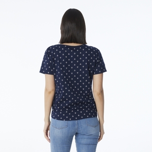 Khoko Collection Women's Crew Neck Cotton Anchors Print Tee Navy & Anchor