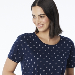 Khoko Collection Women's Crew Neck Cotton Anchors Print Tee Navy & Anchor