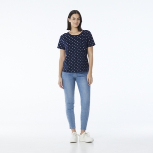 Khoko Collection Women's Crew Neck Cotton Anchors Print Tee Navy & Anchor