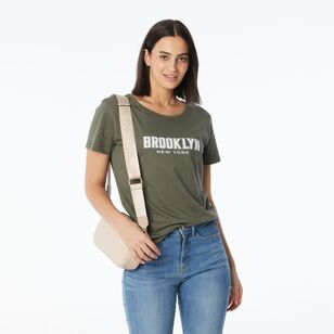 Khoko Collection Women's Crew Neck Cotton Brooklyn Print Tee Olive