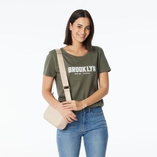 Khoko Collection Women's Crew Neck Cotton Brooklyn Print Tee Olive