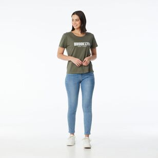 Khoko Collection Women's Crew Neck Cotton Brooklyn Print Tee Olive