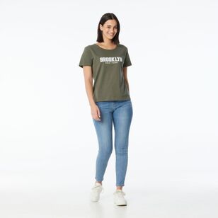 Khoko Collection Women's Crew Neck Cotton Brooklyn Print Tee Olive