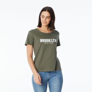 Khoko Collection Women's Crew Neck Cotton Brooklyn Print Tee Olive