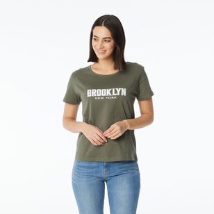 Khoko Collection Women's Crew Neck Cotton Brooklyn Print Tee Olive