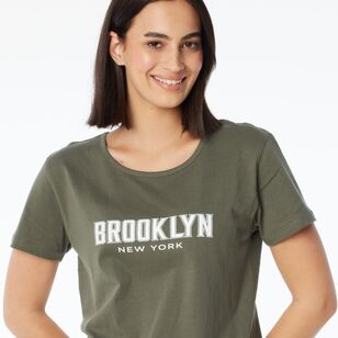 Khoko Collection Women's Crew Neck Cotton Brooklyn Print Tee Olive