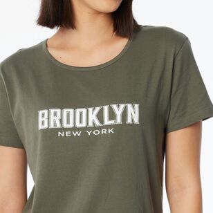 Khoko Collection Women's Crew Neck Cotton Brooklyn Print Tee Olive