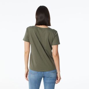 Khoko Collection Women's Crew Neck Cotton Brooklyn Print Tee Olive