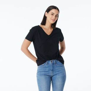 Khoko Collection Women's Vee Neck Cotton Tee Black