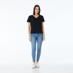 Khoko Collection Women's Vee Neck Cotton Tee Black