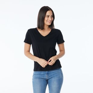 Khoko Collection Women's Vee Neck Cotton Tee Black