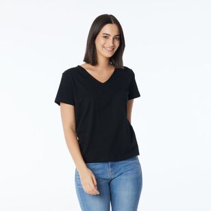 Khoko Collection Women's Vee Neck Cotton Tee Black