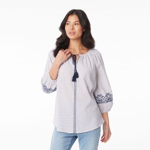 Khoko Collection Women's Embroidered Peasant Blouse Ivory & Navy