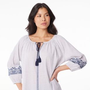 Khoko Collection Women's Embroidered Peasant Blouse Ivory & Navy