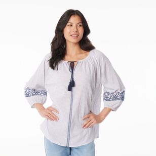 Khoko Collection Women's Embroidered Peasant Blouse Ivory & Navy