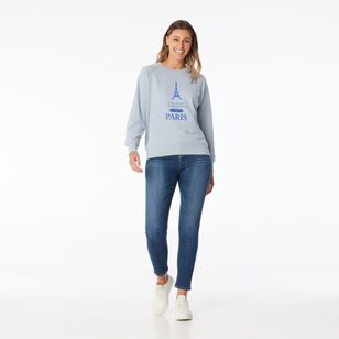 Khoko Collection Women’s French Terry Eiffel Tower Logo Sweat Top Dust Blue