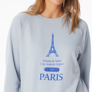 Khoko Collection Women’s French Terry Eiffel Tower Logo Sweat Top Dust Blue