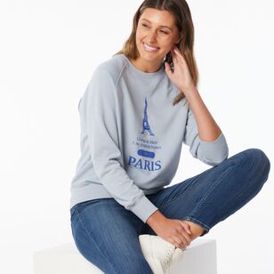 Khoko Collection Women’s French Terry Eiffel Tower Logo Sweat Top Dust Blue