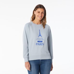 Khoko Collection Women’s French Terry Eiffel Tower Logo Sweat Top Dust Blue