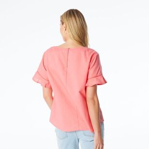 Khoko Collection Women's Ruffle Sleeve Linen Top Melon