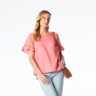 Khoko Collection Women's Ruffle Sleeve Linen Top Melon